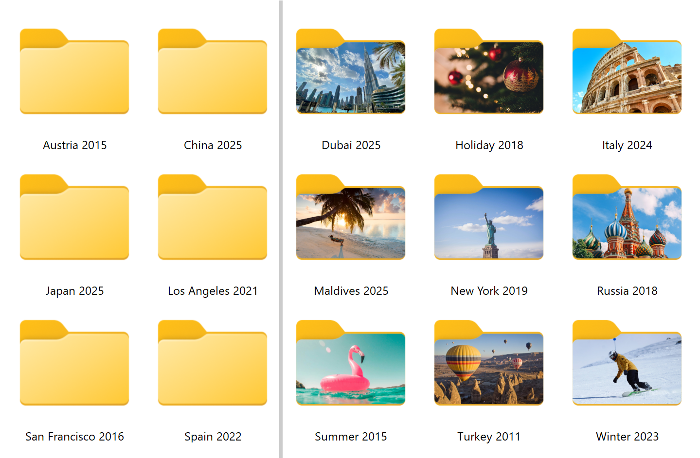 Folders with photo covers used as visual previews