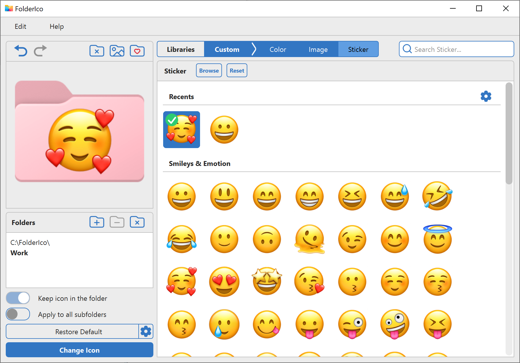 Folders customized with icons, colors, and stickers