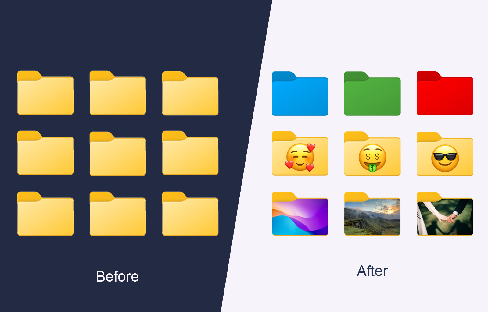 Before and after view of folders transformed into a visual system