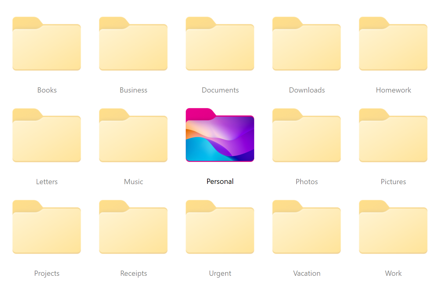Folders organized into a clear color-coded system